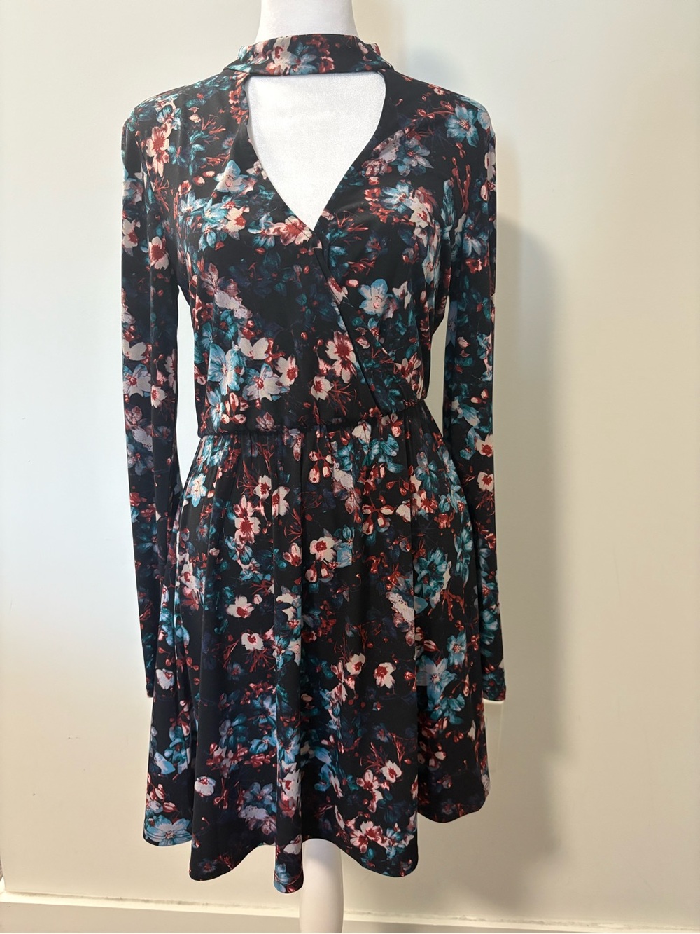 BCBGeneration Navy Blue Floral Long-Sleeve Skater Dress with Teal Accents